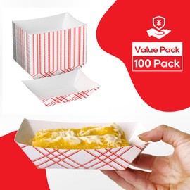 ECOLipak 100 Pack 2lb Paper Food Tray Red, Disposable Paper Food Boats, Food Holder Trays, Serving Boats for Taco Snack Nacho Hot Dog