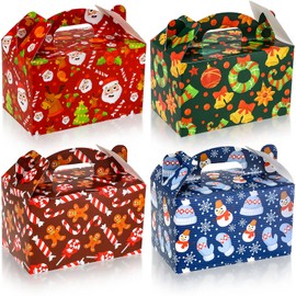 Christmas Treat Boxes, 24 Pieces Plaid Santa Elf Snowman Elk Gingerbread Xmas Cardboard Present Candy Cookie Boxes with Handles, Holiday Party Favor Supplies, 4 Designs (Novelty Style)