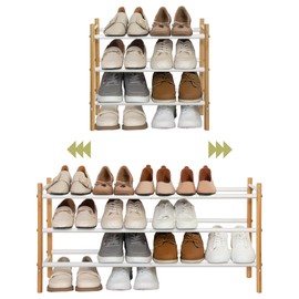 STORAGEIDEAS Shoe Rack, Expandable Shoe Storage Organizer Rack for Closet, Bamboo Metal Shoe Rack for Entryway, Adjustable Small Shoe Rack for Front Door Entrance, Small Space, Garage, 3 Tier White