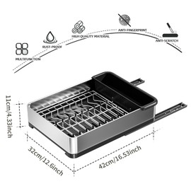 Ewaiira Pull Out Cabinet Organizer, Stainless Steel Slide Out Dish Drying Rack with Drainboard, Sliding Drawer Storage, Narrow Pantry Shelves for Kitchen Cabinets, 12.6" W X 16.5" D
