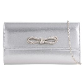 Satin Diamante Bow Style Bridal Prom Wedding Evening Clutch Party Purse Hand Bag (Metallic Silver)