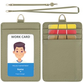 Wason Badge Holder ID Card Wallet Real Leather Case with Detachable Neck Lanyard, Hand Strap, Retractable Badge Reel - 5 Card Slots for Students Teachers Nurses Doctors Engineers (Light Green)