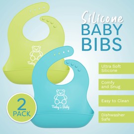 Silicone Bibs for Babies - 2 PK Baby Silicone Bibs with Food Catcher - Unisex Neutral Waterproof Infant Bibs & Toddler Bibs (Teal/Green)