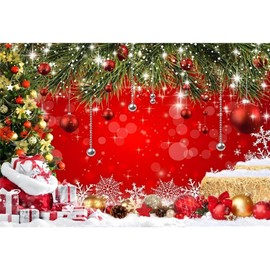 Pnylzzyxh Christmas Red Backdrop for Photography Xmas Ball Gifts Bell Green Pine Tree Hay Backdrops Rustic Snow New Year Decor Background Kids Portrait Family Party Baby Shower Decorations 15x8ft