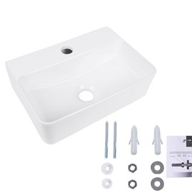 Wall Hung Bathroom Vessel Sink, QISHKA 14.5" X 10" Rectangular Floating Ceramic Wash Hand Basin White Wall Mount Vanity Sink for Small Bathroom and Small Cloakroom