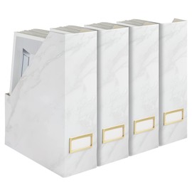 BLU MONACO Set of 4 Magazine Holders, White Marble Design with Gold Label Holders, File Holder for Desk, Magazine Storage for Home Office and Classroom