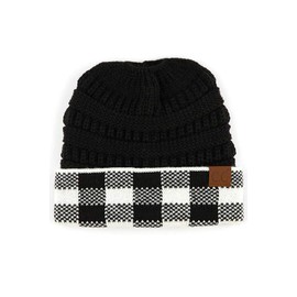 ScarvesMe Women Soft Buffalo Check Plaid Knit Messy Bun Ponytail Beanie Hat Black/White