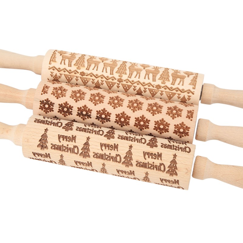 3Pcs Wooden Embossed Rolling Pin Cute Christmas Pattern Engraved Embossing
