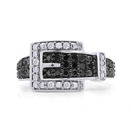 1/4 Carat Black & White Natural Diamond Anniversary Belt Buckle Ring In 14k White Gold Over Sterling Silver (0.25 Cttw) Ring Size-4.5