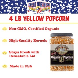 Organic Popcorn Kernels - 4lb Resealable Bulk Jug of Yellow Gourmet Popping Corn for Microwave, Stovetop, and Popper Machine by Great Northern Popcorn