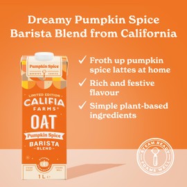 Califia Farms Pumpkin Spice Barista Blend Oat Drink - Real Pumpkin Puree With Warming Nutmeg, Ginger & Cinnamon - Dairy Free, Lactose Free & Vegan (6 x 1L)