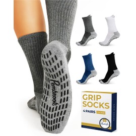 Pembrook - 4 pares de calcetines antideslizantes para hombres, mujeres, marido y papá, calcetines de agarre para hospital, yoga, pilates, Negro, blanco, gris, azul marino, M