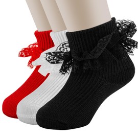 MKYSZLT Baby Girl Ruffle Socks Toddler Girls Eyelet Double Lace Socks Turn Cuff Frilly Dress Sock Flower Girl Pageant Church Sock for Preemie Newborn Infant (3-12M, Baby Girls, black,red,white)