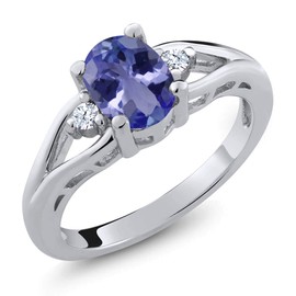 Gem Stone King 925 Sterling Silver Blue Tanzanite 3 Stone Engagement Ring For Women | 1.22 Cttw | Oval 8X6MM | Round 2MM | Gemstone December Birthstone | Size 6