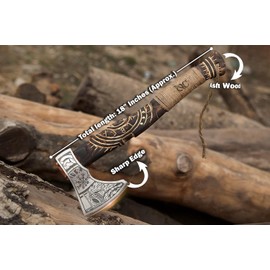 ISUZA 19” Hand Forged Viking Axe- Ash Wood Shaft Engraved Carbon Steel Bearded Axe for Camping- Viking Gift for Men(Norse Viking Axe), Blaack, ISU564ZA