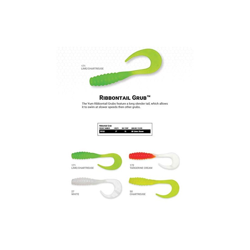 Yum Lures YRTG3171 Ribbontail Grub Fishing Bait, LIM Chartreuse, 3''