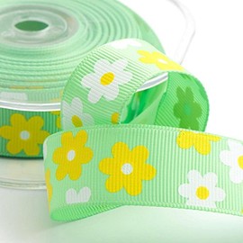 Green Daisy Floral Grosgrain Ribbon - 25mm x 10 Metres