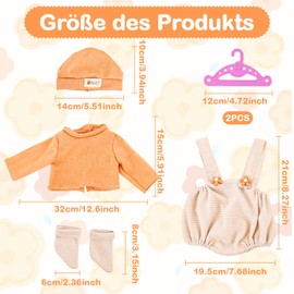 WanderGo Baby Dolls Doll Clothes 35-43 cm, 4-Piece Outfit with 1 Top + 1 Dungarees + 1 Knitted Hat + 1 Pair of Socks 2 Pink Hangers, Baby Doll Clothes for 14-18 Inch Dolls