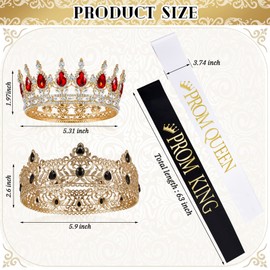 4 Piezas Corona de Rey de Oro Coronas de Tiara de Diamantes de Imitación para Hombres Mujeres Reina y Rey Faja de Satén para Boda (Diamante Rojo, 5.9 x 2.5 Pulgadas, 5 x 2 Pulgadas)