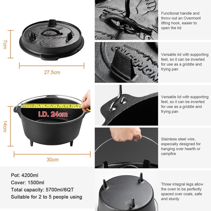 Overmont Camp Dutch Oven Pre Seasoned Cast Iron Lid Also