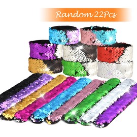 KUUQA 22 Pcs Magic Sequin Mermaid Bracelets 2-Color Reversible Sequins Glitter Slap Bracelets Wristbands for Kids Little Mermaid Birthday Party Favors Bags Supplies (Random Colors)