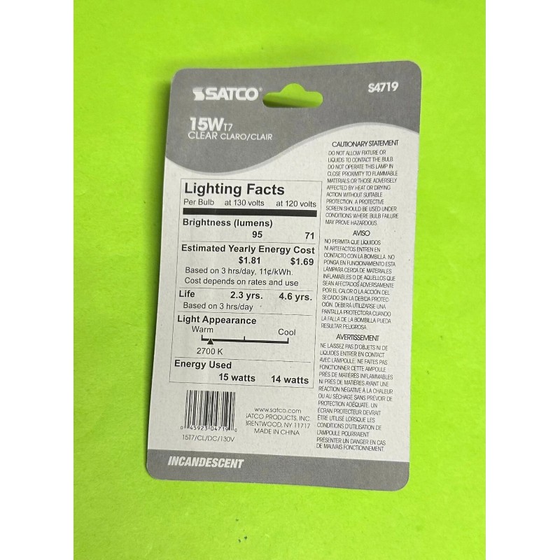 Satco S4719 15 15T7C 130V 120V D.C. BAYONET Base Clear