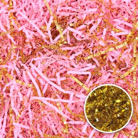 HMJIA Crinkle Cut Paper 1lb/16oz Shredded Paper for Gift Baskets Crinkle Paper for Christmas Basket Filling for Birthdays Weddings Anniversaries Valentines Day (Pink + Gold, Crinkle)