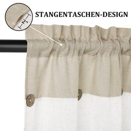 LuxFocus Net Curtains Set of 2 Patchwork Small Curtains with Buttons Decorative Half Short Curtains Airy Bistro Curtains Linen Look 2 x W 69 cm x H 114 cm Beige
