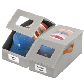 Baesyhom 2 Pcs Extra Large Hat Organizer & Storage Box for Baseball Cap with Dual Clear Windows Dust-Proof Double Zipper, Stackable Design & Sturdy Handles for Closet, Grey