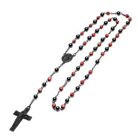metaltree98 Rosary Red 6 mm Bead Gold and Black Tone Guadalupe & Jesus Cross 28" Necklace HR 600 (BKBK/Red)