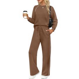 SAMPEEL Two Piece Sets for Women Matching Lounge Sets Fall Outfits 2025 Sweatsuits 2 Piece Sweatpants Wide Leg Pants Women Workout Set Airport Vacation Outfits Fashion Clothing Camel L