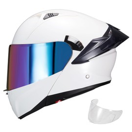JQF Gear Modular Motorcycle Helmet Dual Visor Flip Up Full Face Helmets SJ-809 DOT Approved for Adults Men Women (Gloss White-Rainbow Visor, L)