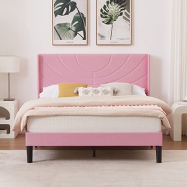 VECELO Queen Size Bed Frame Upholstered Platform with Wave Fabric Headboard,Wooden Slats Support/No Box Spring Needed/Mattress Foundation/Easy Assembly,Pink