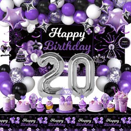 Miidenks 20th Birthday Decorations Set for Women, Purple Black Happy 20 Birthday Party Decorations with Birthday Backdrop Banner Birthday Tablecloth 20 Number Balloons for Her