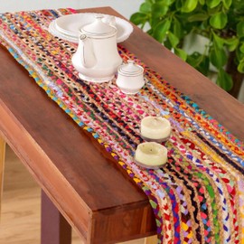MDS Pack of 1 Handwoven Rectangle Braided Jute Table Runner 13x36 Inch, 100% Natural Reversible Multicolor Cotton Chindi Farmhouse Rustic for Home Decor, Kitchen, Indoor & Covered Door Entrances