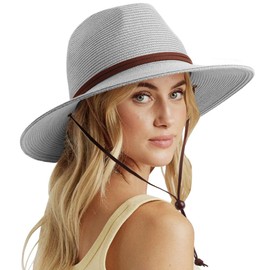DRESHOW Women's Panama Hat Wide Brim Straw Summer Fedora Straw Hat Panama Roll Up Hat Beach Rollable UV Sun Hat UPF 50+, Panama Hat With Wind Lanyard: Grey, M