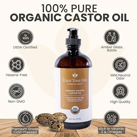 Trust Your Gut Organic Golden Castor Oil, 100% Pure Cold-Pressed Hexane-Free Extra Virgin Oil for Liver Detox, Gut Wellness, Skin Care, Healthy Nails & Hair Growth - 16 oz