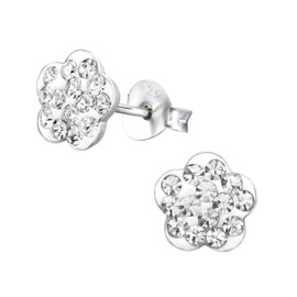 Sparkly Crystal Flower Stud Earrings, 925 Sterling Silver