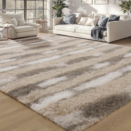 Meralax Area Rugs for Living Room Bedroom, Machine Washable 5x8 Feet Soft Fluffy Shaggy Bedside Rug, Beige and White Stripe Indoor Floor Carpet for Boys, Dorms, Nursery Rooms, Home Decor Aesthetic
