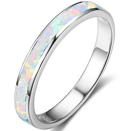 Stainless Steel Fire Opal Inaly Half Eternity Wedding Band Ring (Silver White, O)