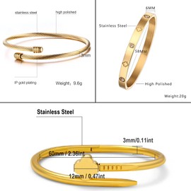 YLDMSDDB 3 Pack Clover Bracelet for Women, Stainless Steel Nail Bracelet with Cubic Zirconia 18K Gold lucky Love Cuff Bangle, Stackable Jewelry, Gift for Valentine's, Mother & Anniversary, Small