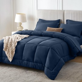 Sasttie Oversized King Comforter Set, 7 Pieces Extra Large Bed in a Bag, Complete Bedding Set Includes 120''x98'' Comforter, Flat Sheet, Fitted Sheet, Pillowcases and Pillow Shams, Navy