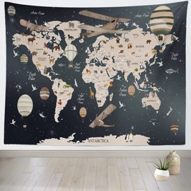 BELECO Kids World Map Tapestry Wall Hanging Cartoon Animals Map Tapestries 60x40 Inch Vintage Aircrafts Hot Air Balloons World Travel Tapestry for Baby Children's Bedroom Living Room Dorm Decor
