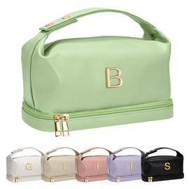 Vogewood Gifts for Women, Makeup Bags with Handle, Initial Double Layer Cosmetic Bag with Makeup Brush Organizer, Birthday Gifts for Women - 30th 40th 50th 60th 70th Birthday Gifts, Gifts for Friends