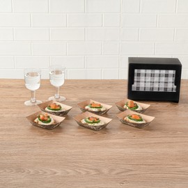 Restaurantware Bio Tek 6 Ounce Boat Paper Boats, 50 Disposable #40 Food Trays - PE Lining, Durable, Camouflage Print Paper Food Baskets, For Concession Stands, Picnics, or Fairs, Stackable