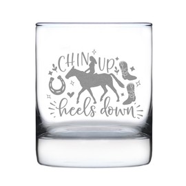 Chin Up Heels Down Horse Riding Design, Hand Engraved 10oz Rocks Glass, Unique Equestrian Themed, Etched Glass