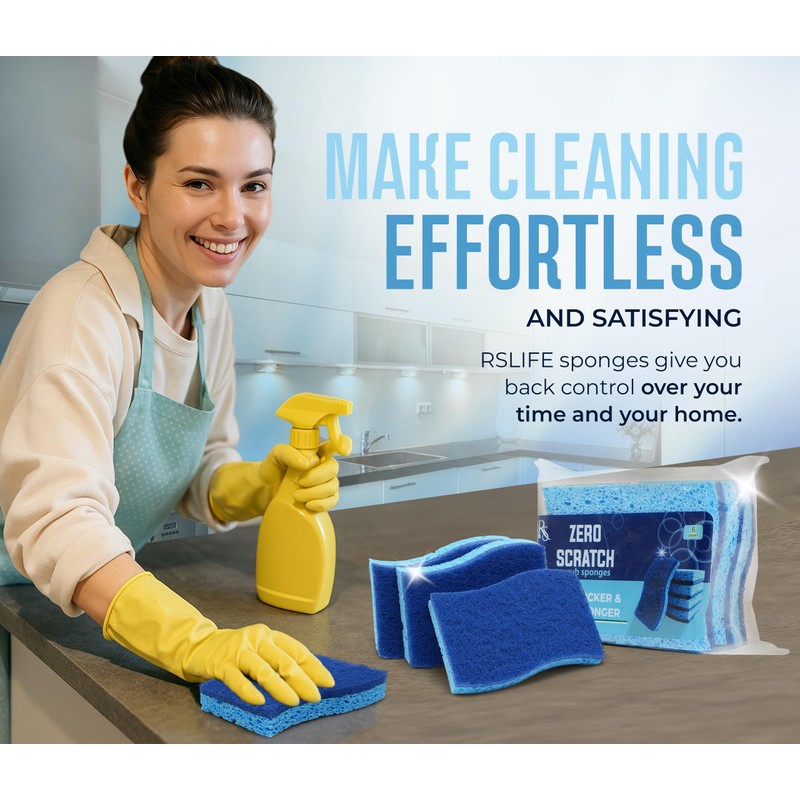 RSLIFE Blue Scrub Sponges Pack of 6 – Dual-Sided Kitchen