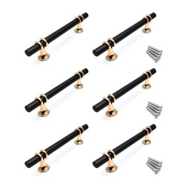 Susenya Kitchen Drawer Pulls,6-Pack Handle Pulls for Cabinets 3.8" Hole Centers(C to C) T Handle Drawer Pull Zinc Alloy with Screws Black Gold Drawer Handles