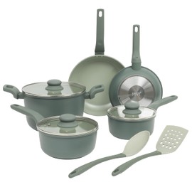 Gibson Home Barnsdall 10 Piece Premium PFA Free Ceramic Nonstick Pots and Pans Aluminum Cookware Set W/Kitchen Tools - Sage Green