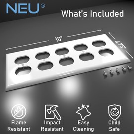 [2 Pack] NEU 5-Gang Duplex Receptacle Outlet Switch Cover Mid-Size Wall Plates, 10" x 4.75", Unbreakable Polycarbonate Thermoplastic, Glossy White